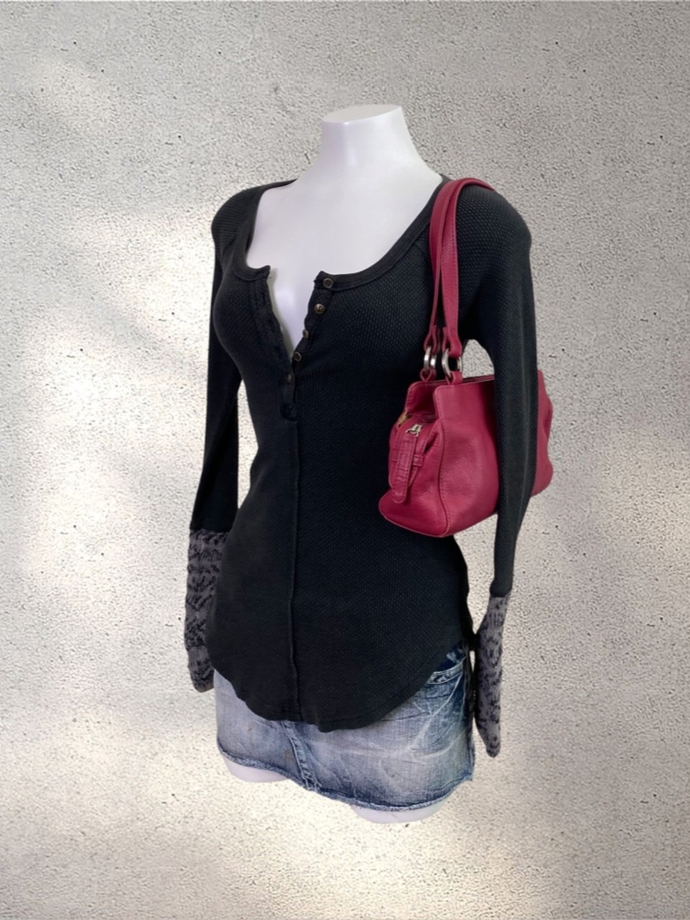 Free People Black Thermal Henley Patterned Cuffs | Indie Sleaze Y2K - Picture 2 of 7